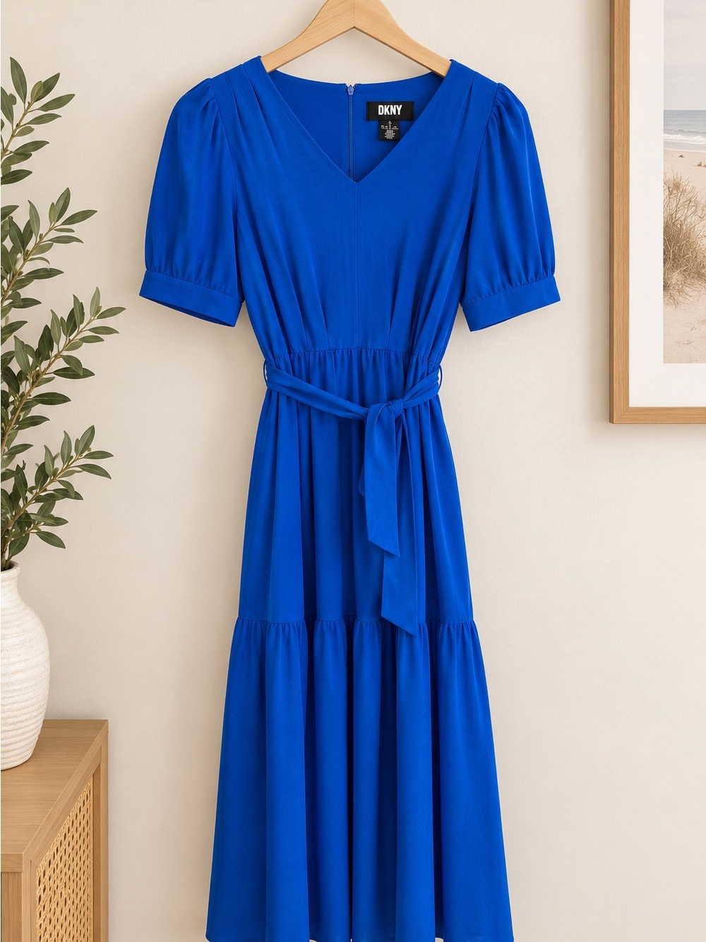 DKNY Cobalt V-Neck Belted Midi Dress